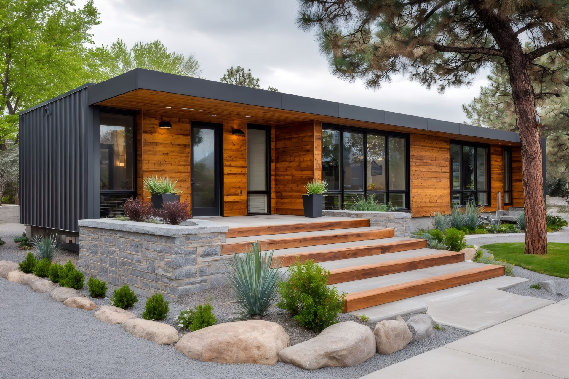 Modern single story home exterior with landscaping and wooden stairs